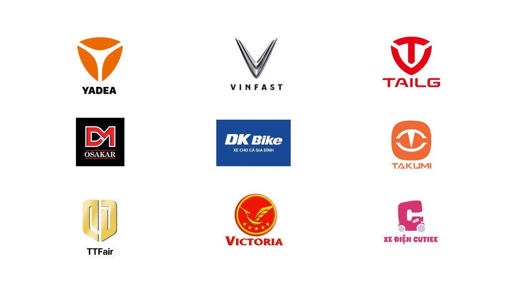 Line up thương hiệu: Yadea, VinFast, Tailg, Osakar, DK Bike, Takumi, TTFair, Victoria, Xe điện Cutiee